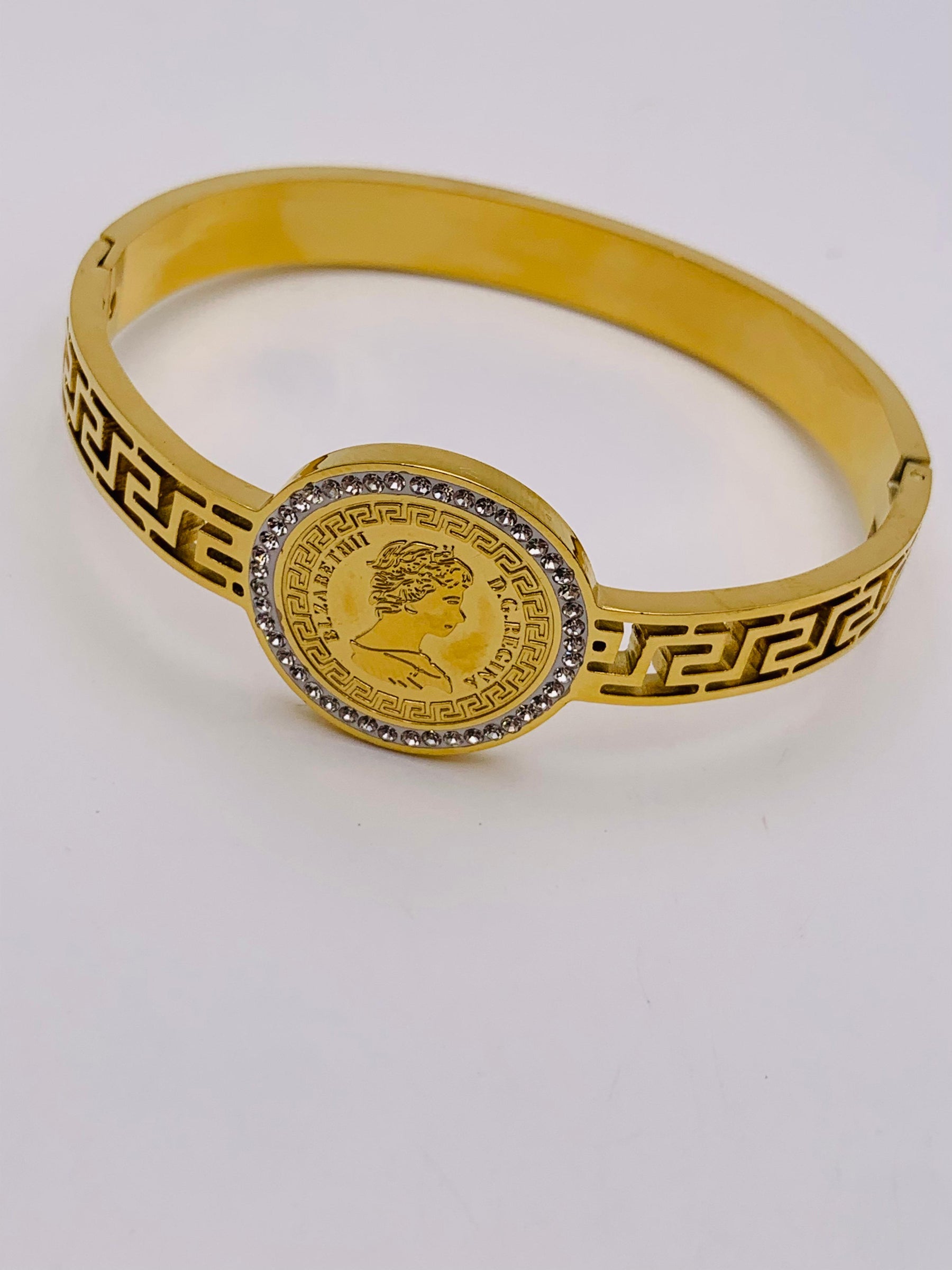 Women's Bracelet-22 Carat Real Gold Plated (NON-TARNISH) Steel Women's Bangle-Greek Patterned